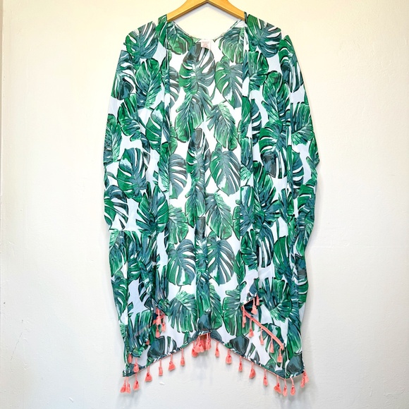 Monstera Palm Print Tropical Botanical Pattern Tassel Sheer Open Front Kimono - Picture 2 of 11